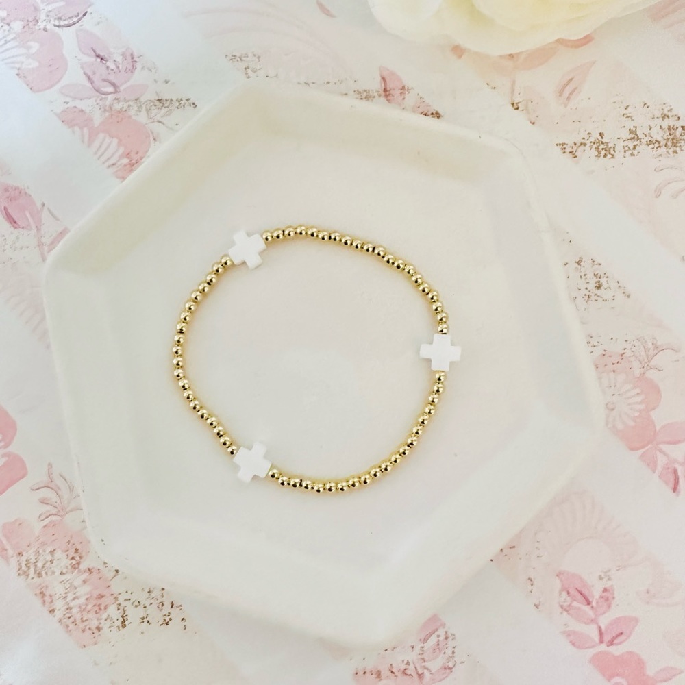 Preppy White Cross Faith Gold Beaded Bracelet ✝️ - Picture 3 of 4